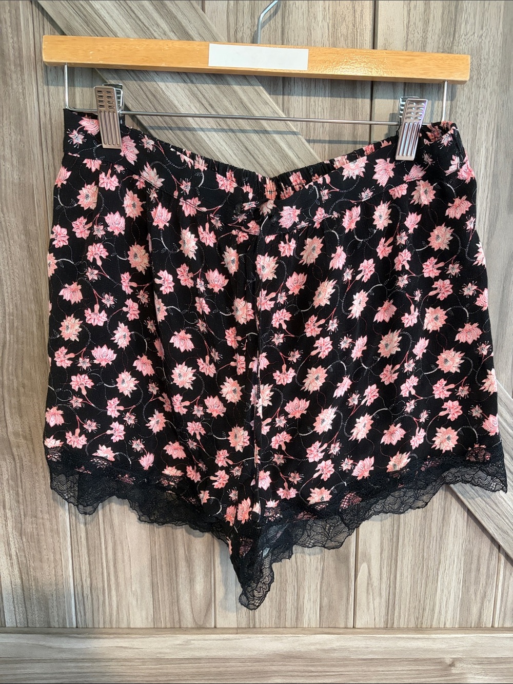 Topshop Black Sleep Shorts with Pink Floral Print & Lace Trim